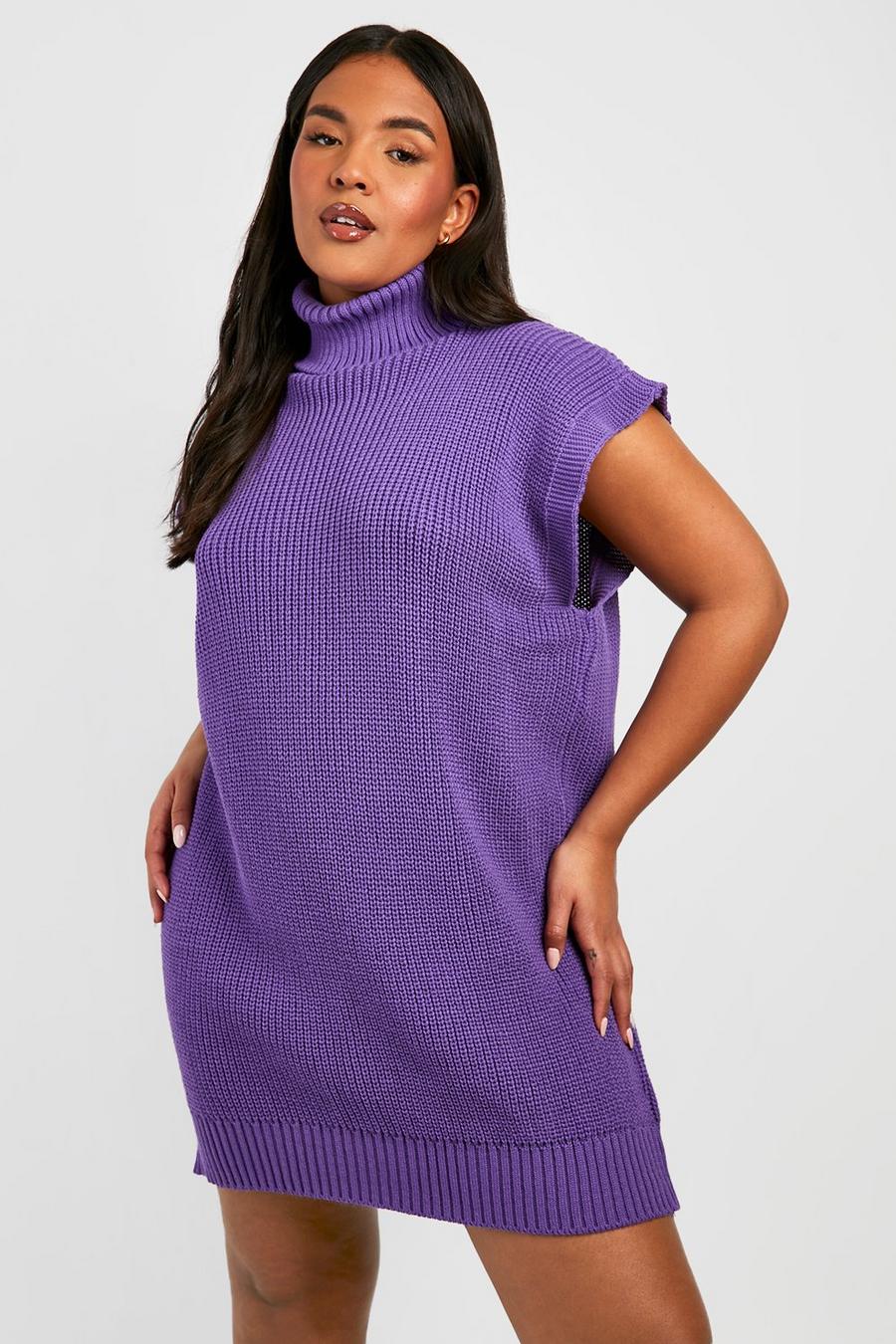 Purple violet Plus Knitted Roll Neck Sleeveless Jumper Dress   