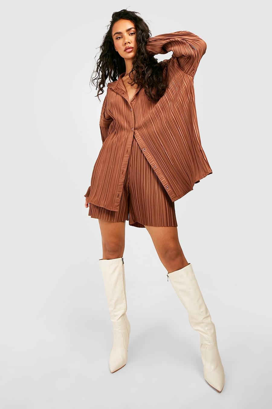 Chocolate Plisse Oversized Relaxed Fit Shirt image number 1
