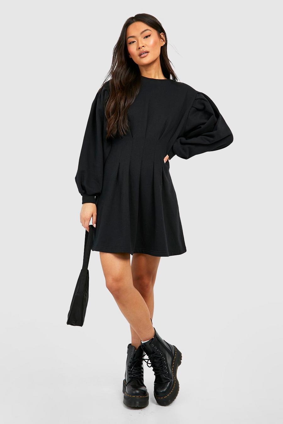 Black schwarz Ruched Waist Skater Sweatshirt Dress
