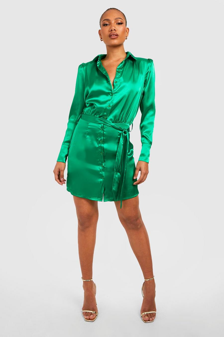 Green grön Shoulder Pad Woven Shirt Dress  image number 1