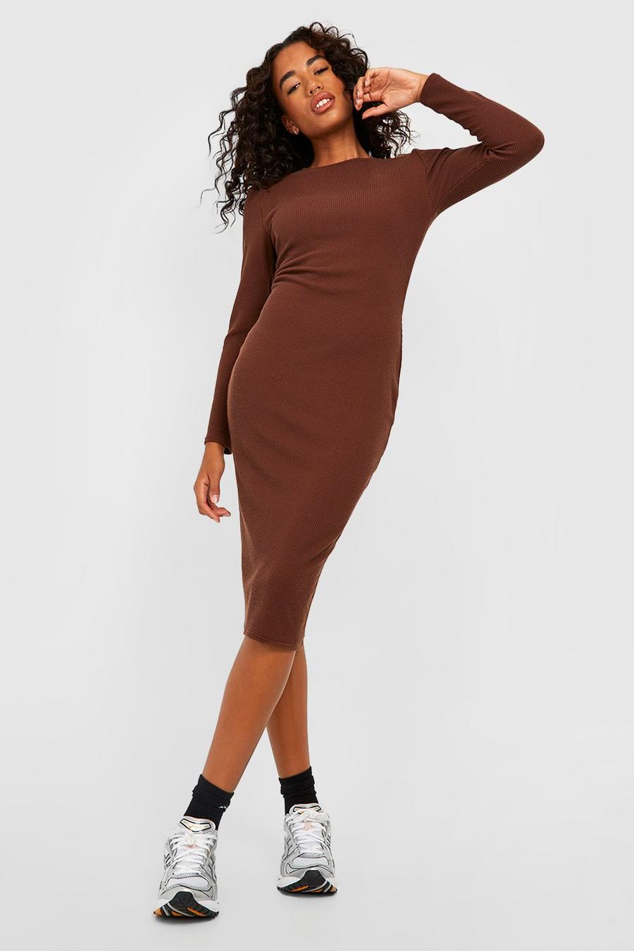 Chocolate brown Crinkle Rib Long Sleeve Bodycon Dress
