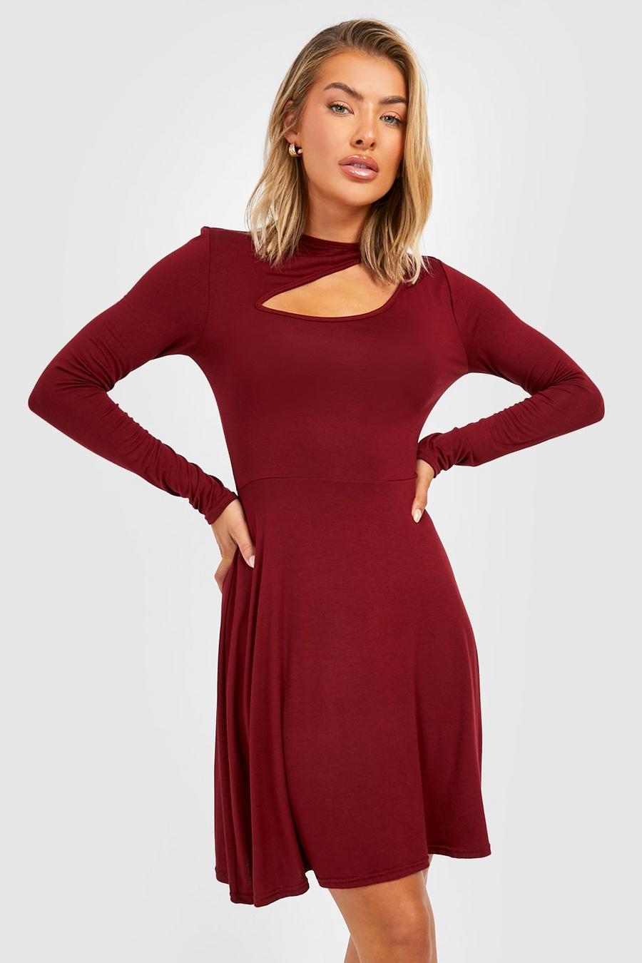 Berry red Cut Out Long Sleeve Skater Dress