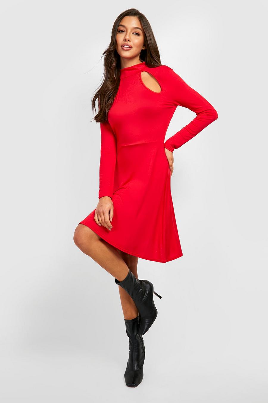 Red Cut Out Long Sleeve Skater Dress