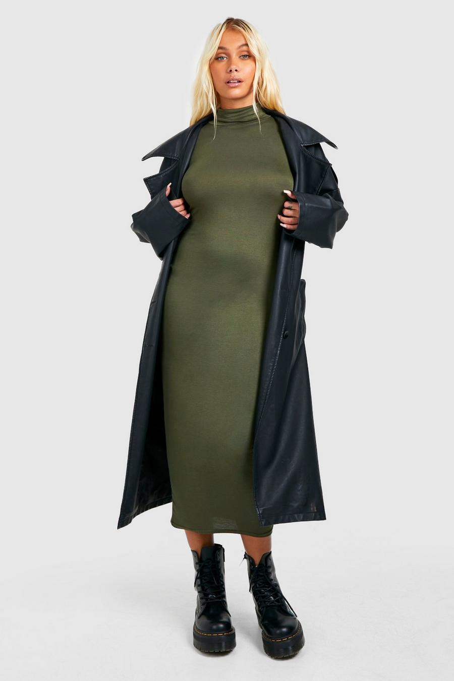 Khaki Turtleneck Long Sleeve Midi Dress image number 1