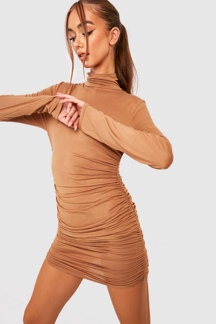 Camel Roll Neck Ruched Bodycon Dress image number 1