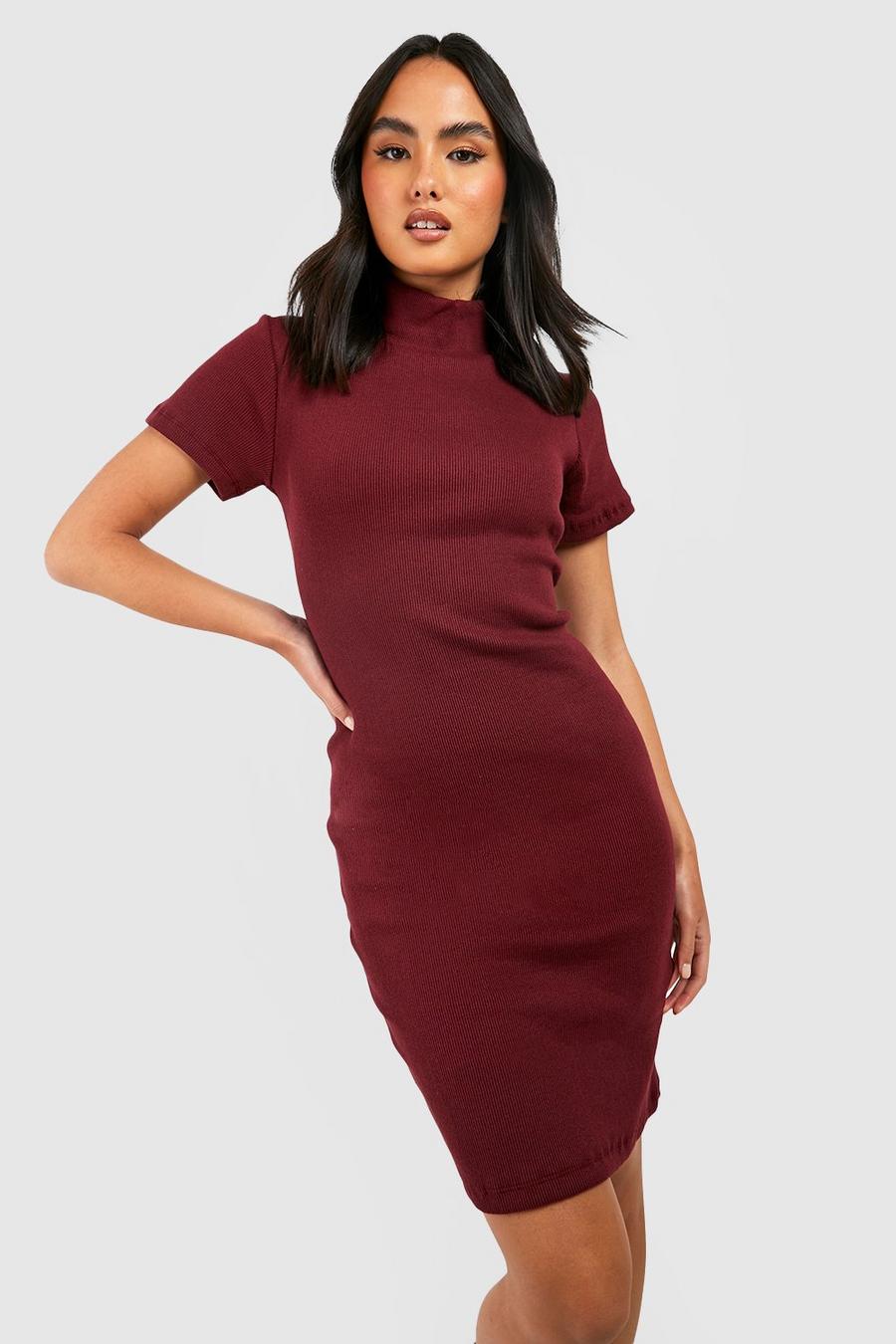 Wine Recycled Rib High Neck Bodycon Dress image number 1