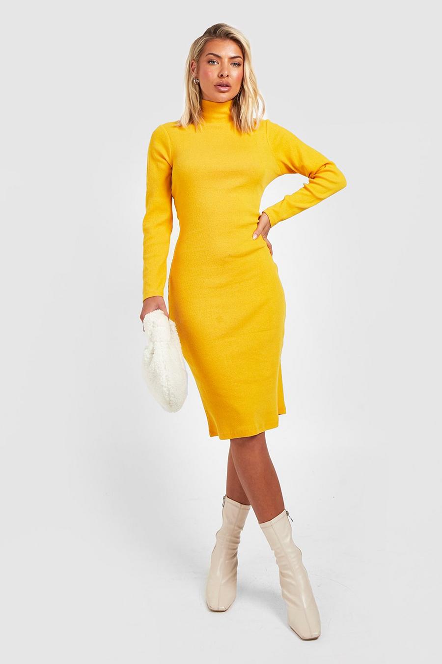 Mustard yellow Recycled Rib High Neck Midi Dress 
