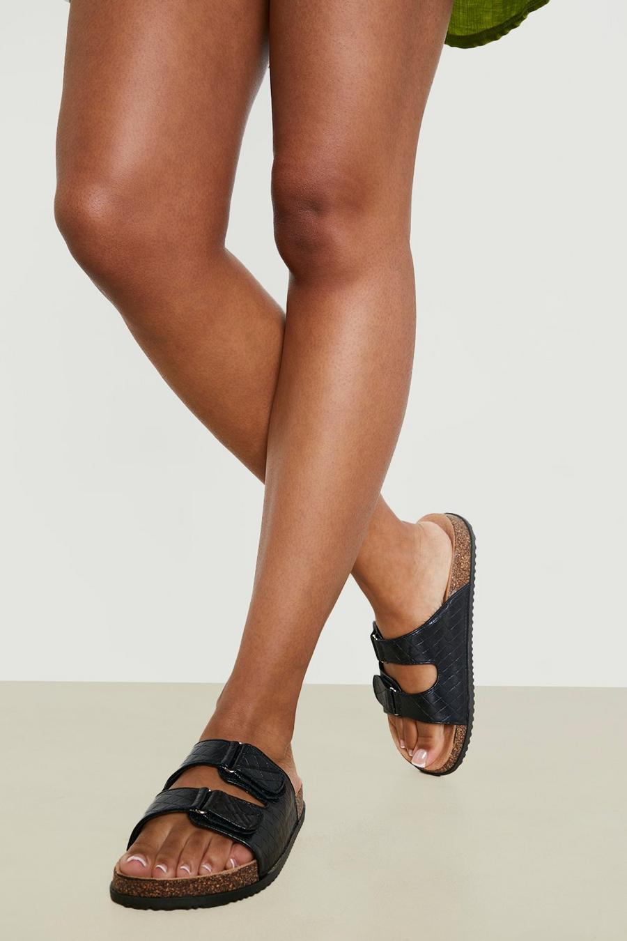 Black negro Quilted Detail Double Strap Footbed Sandal