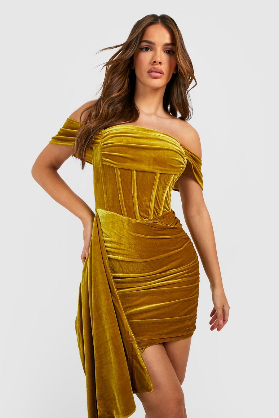 Chartreuse jaune Velvet Corset Bardot Drape Mini Dress image number 1