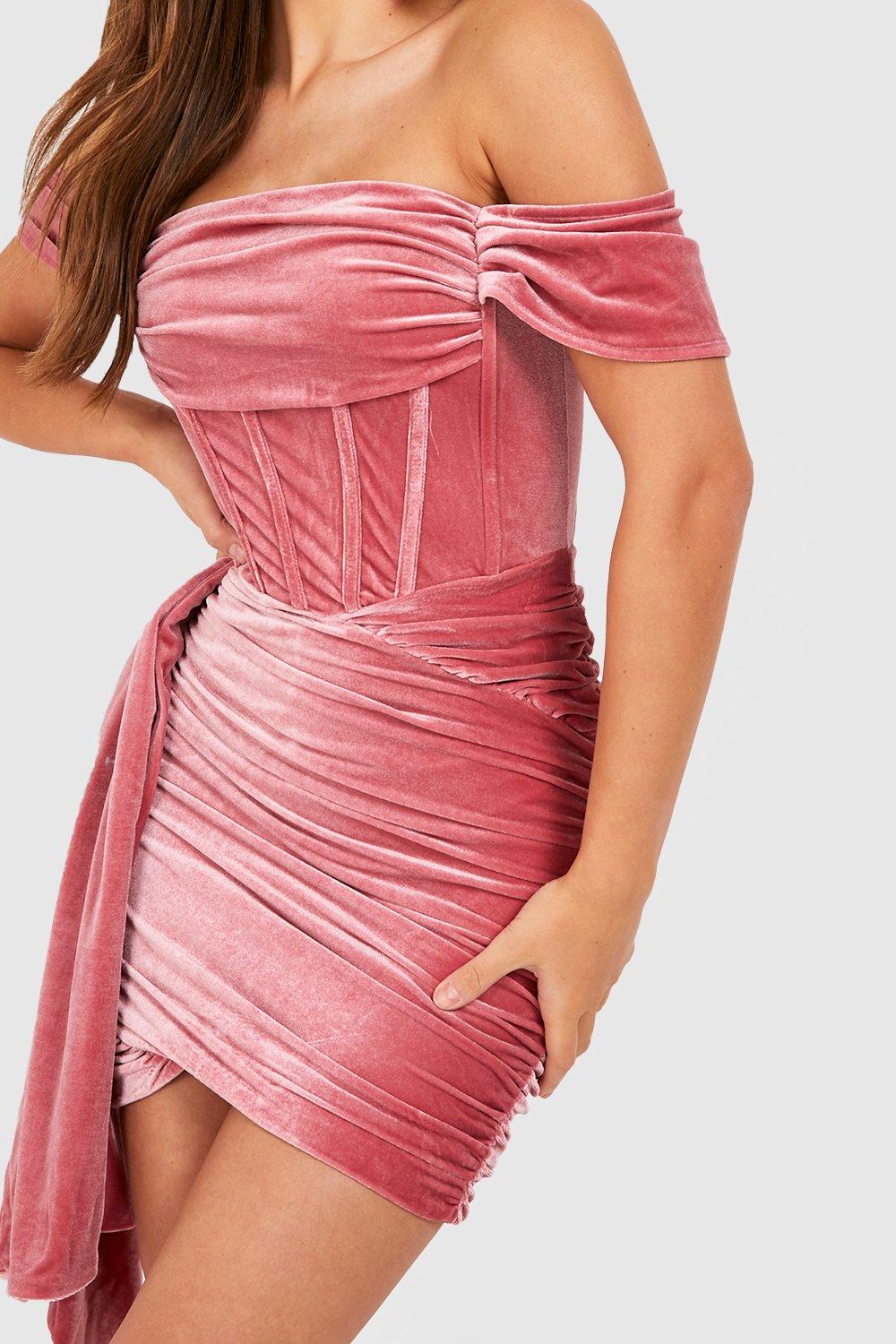 Pink velvet off the shoulder dress hotsell