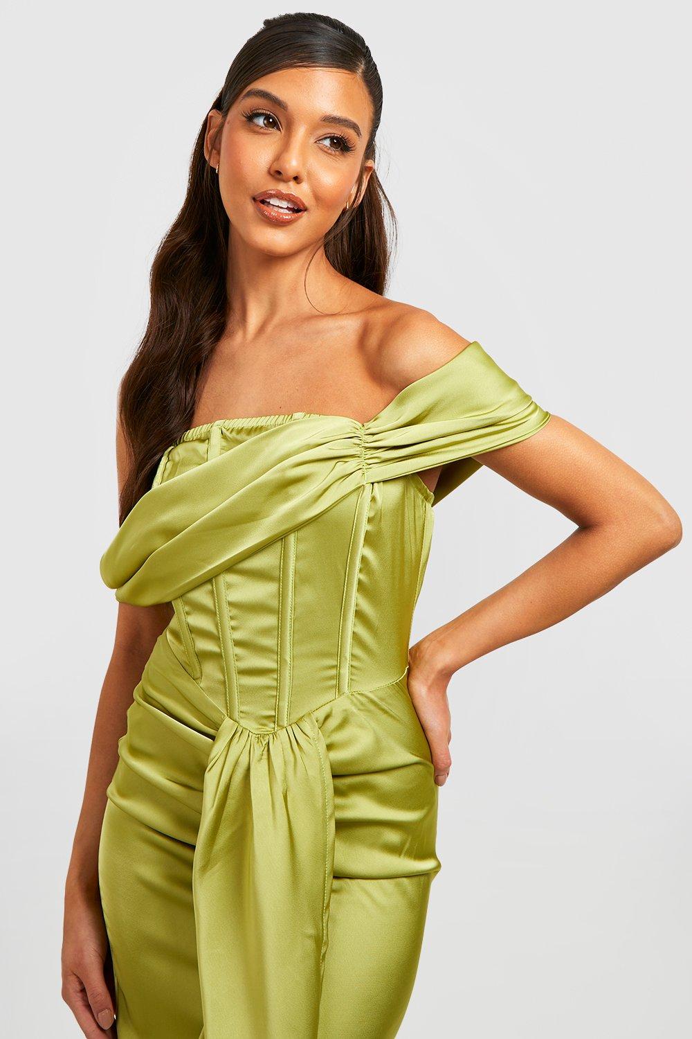 Satin Corset Off Shoulder Midi Dress