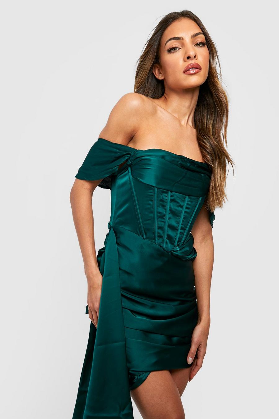 Emerald Satin Corset Bardot Drape Mini Dress image number 1