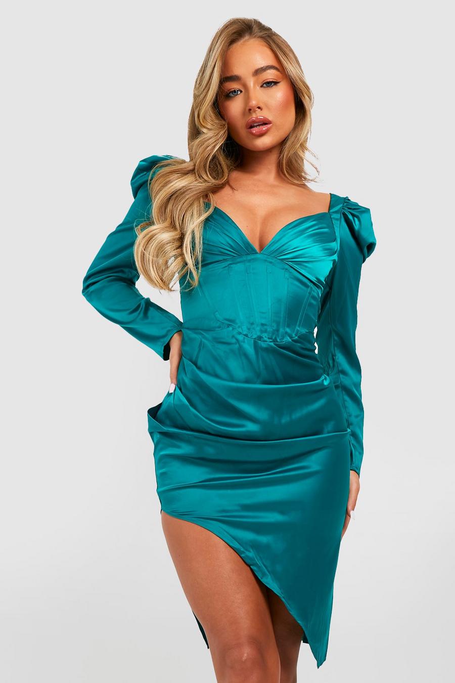 Emerald Satin Corset Puff Sleeve Midi Dress image number 1