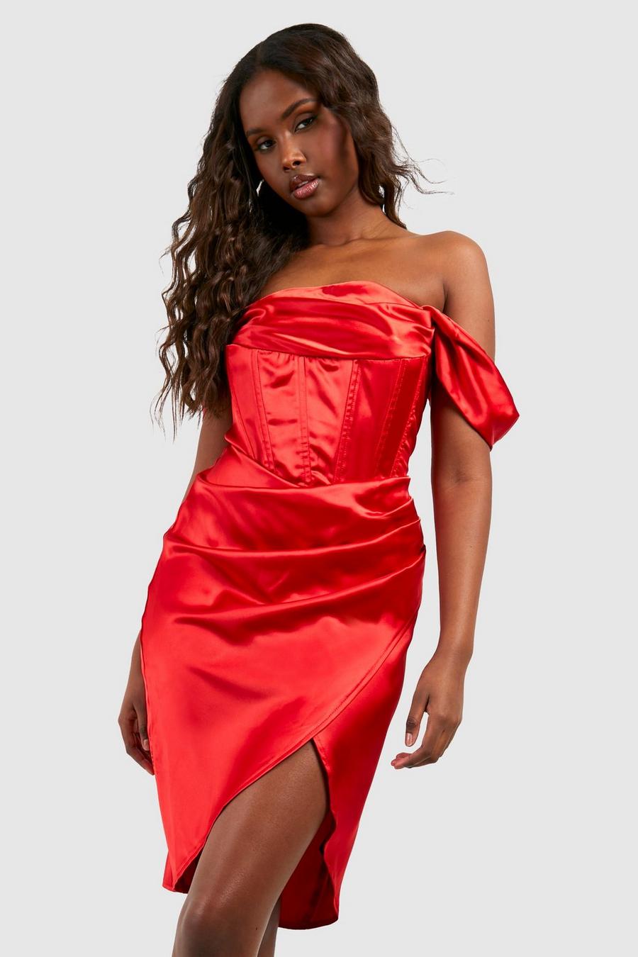 Red Knälång off shoulder-klänning i satin med korsettliv image number 1