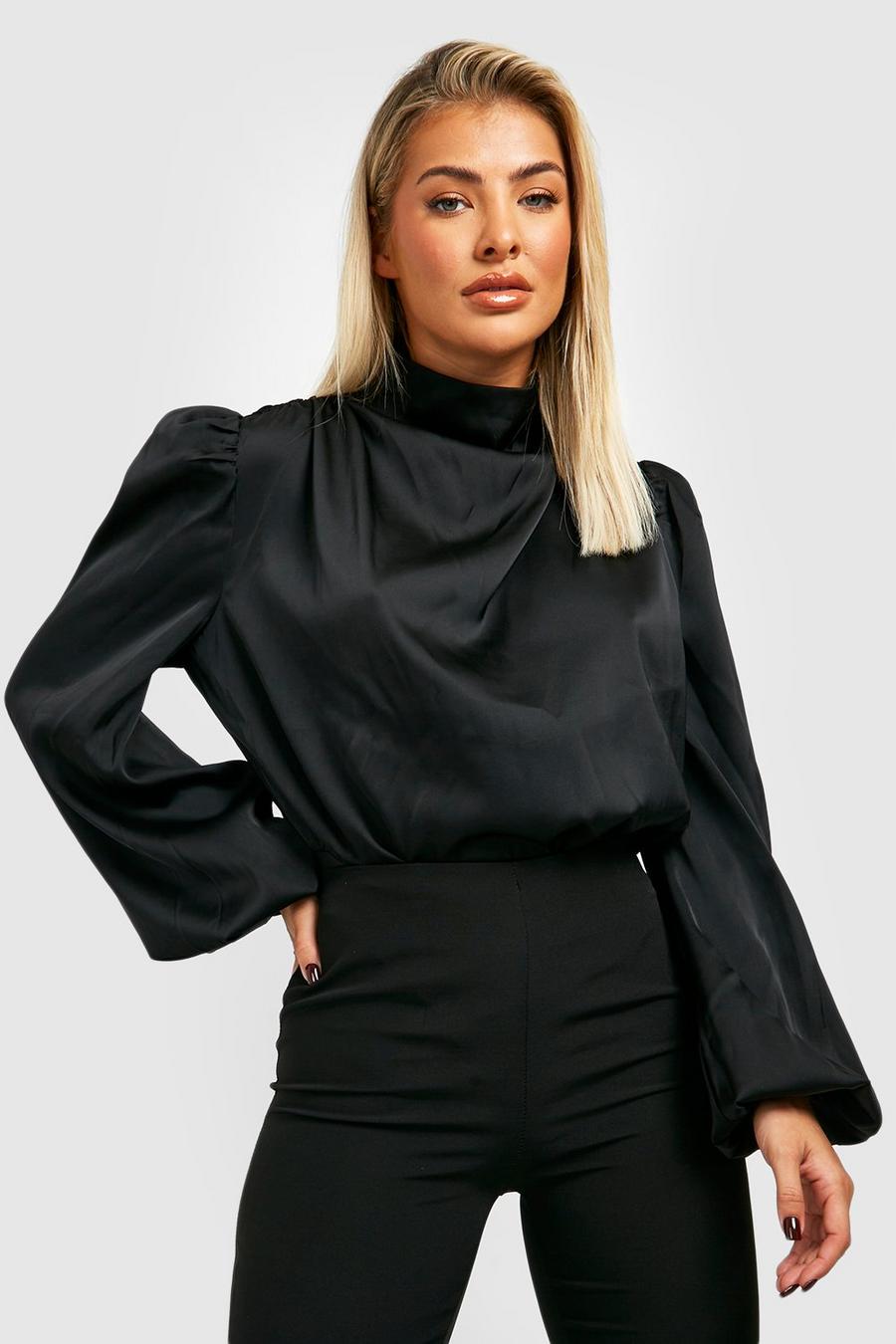 Black Premium Satin High Neck Balloon Sleeve Bodysuit image number 1