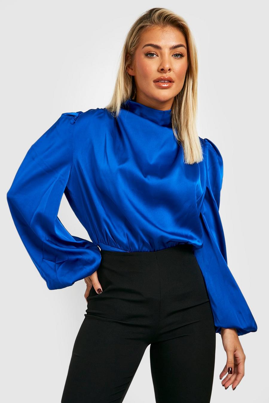 Cobalt blå Premium Satin High Neck Balloon Sleeve Bodysuit
