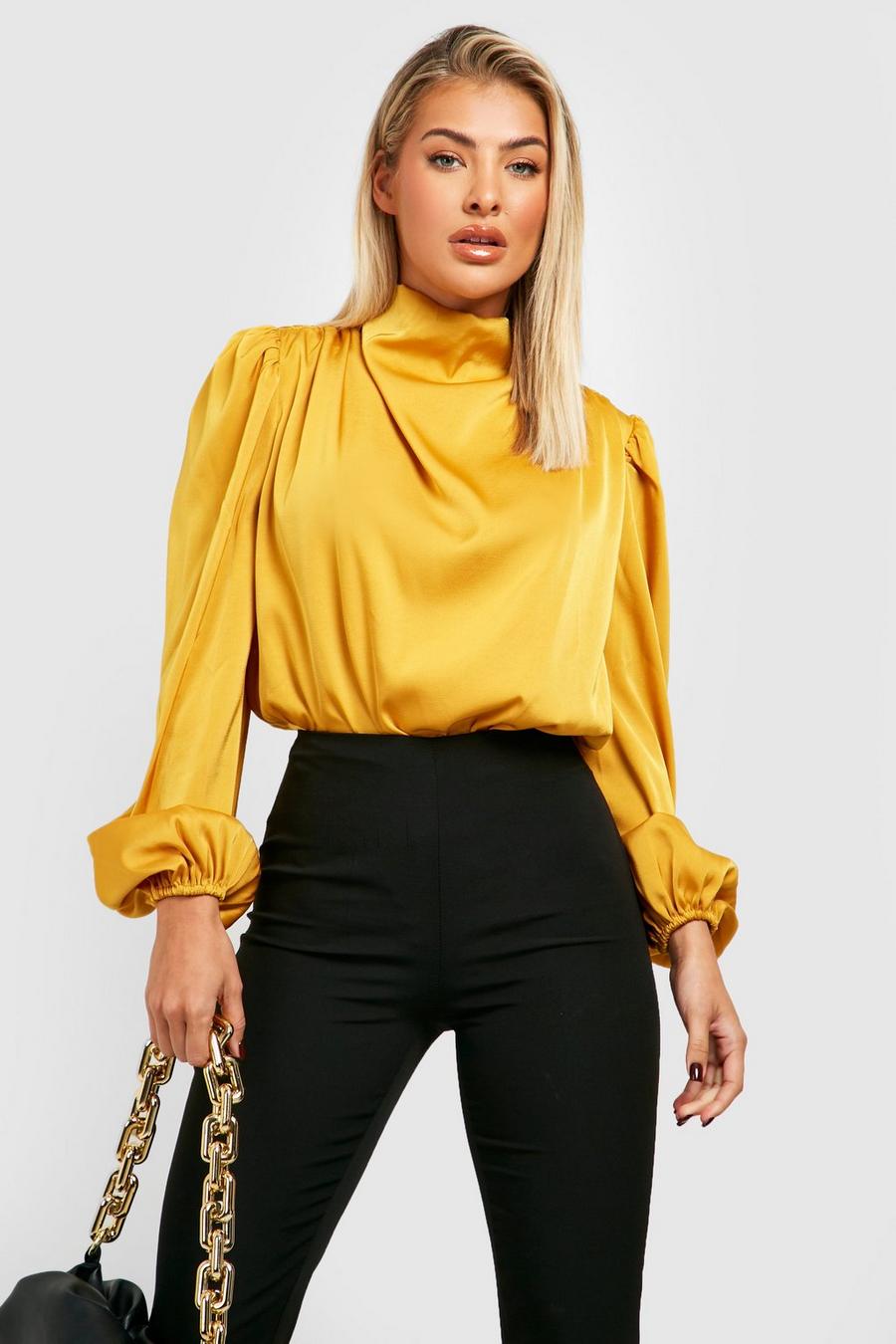 Mustard Premium Satin High Neck Balloon Sleeve Bodysuit image number 1