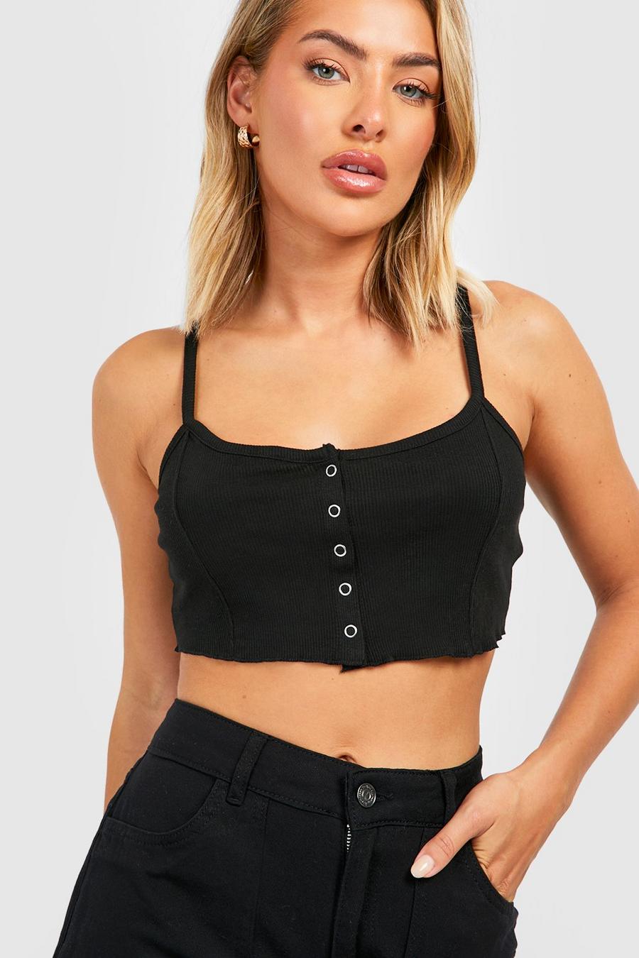 Black Button Front Jersey Crop Tank Top image number 1