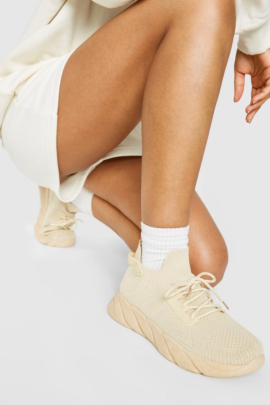 Beige Tab Detail Knitted Sports Sneakers image number 1