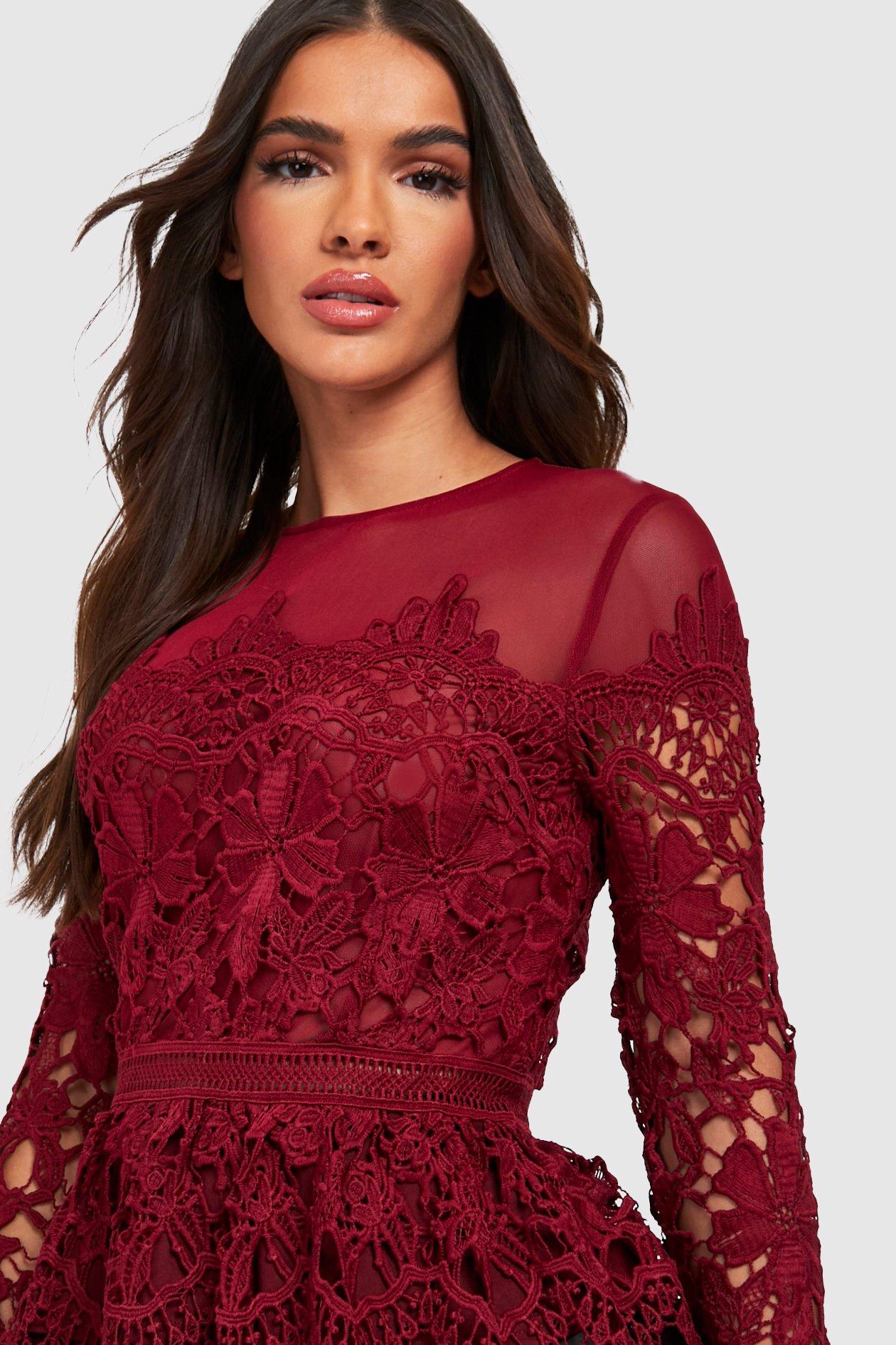 Boohoo burgundy lace on sale dress