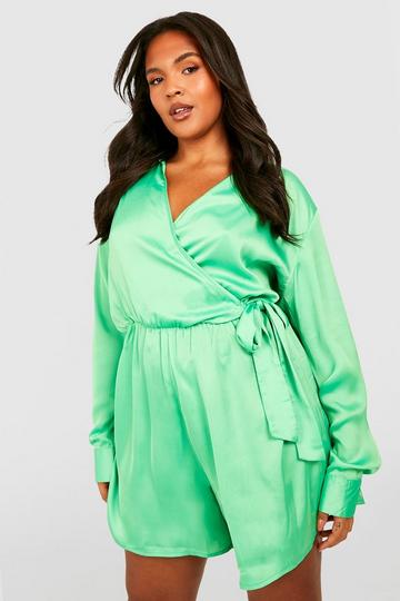 The Plus Satin Wrap Playsuit green