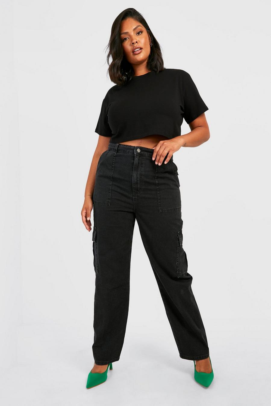 Grande taille - Jean ample à poches et coutures contrastantes, Black image number 1