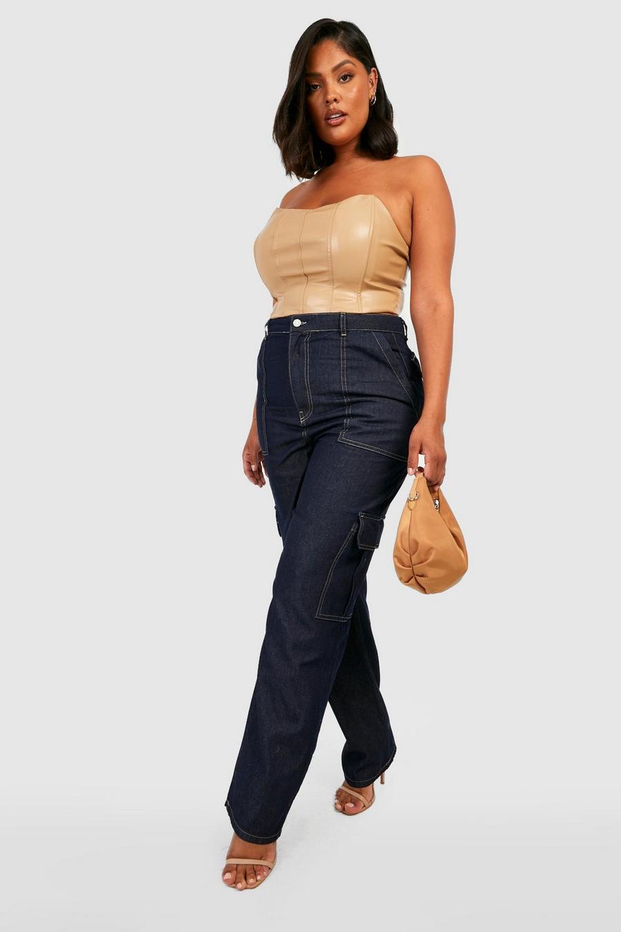 Grande taille - Jean ample à poches et coutures contrastantes, Indigo image number 1