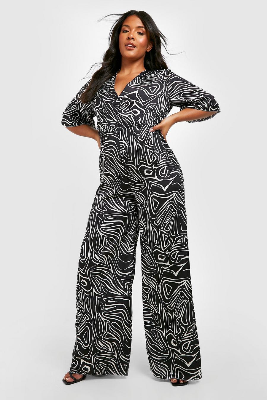 Black Plus Abstract Print Belted Wide Leg Jumpsuit image number 1