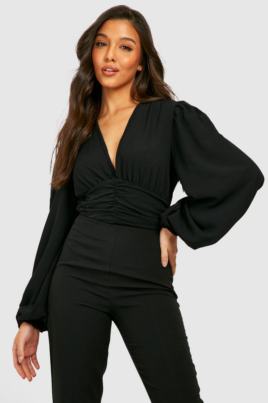 Black Ruched Waist Puff Sleeve Bodysuit image number 1