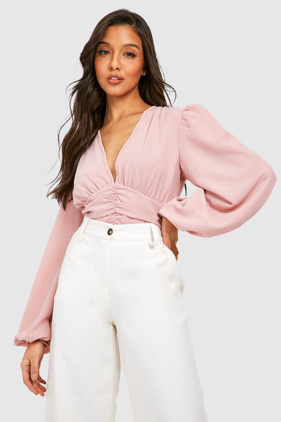 Rose Ruched Waist Puff Sleeve Bodysuit image number 1