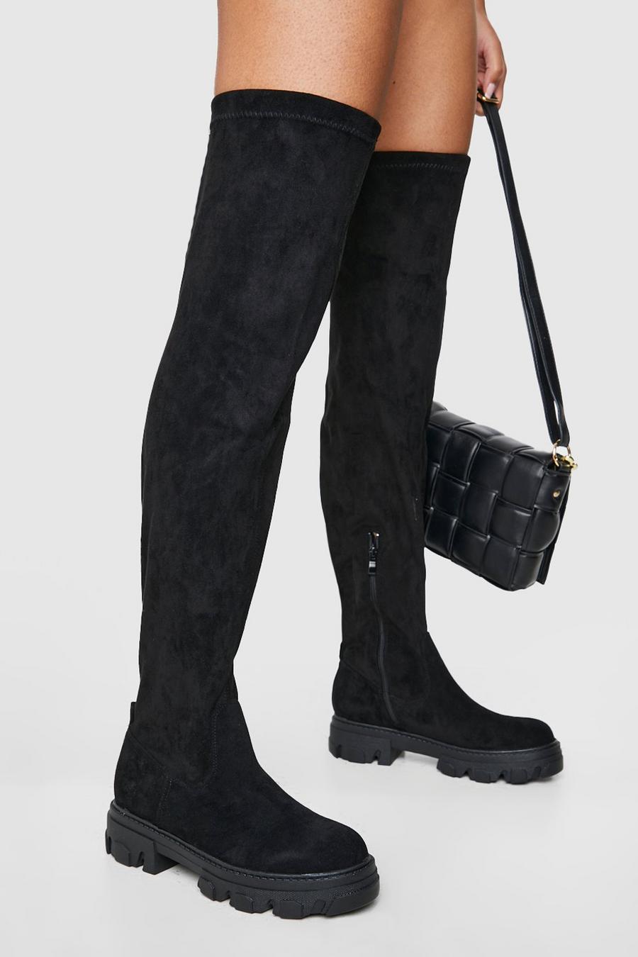 Black Wide Fit Chunky Sole Over The Knee Boots