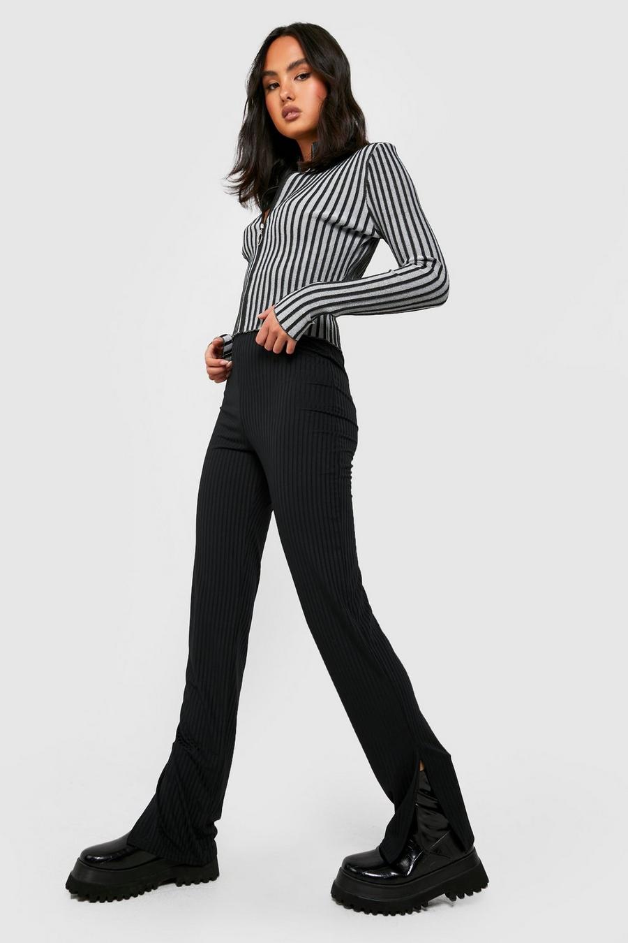 Black Soft Rib Split Hem Full Length Skinny Pants image number 1