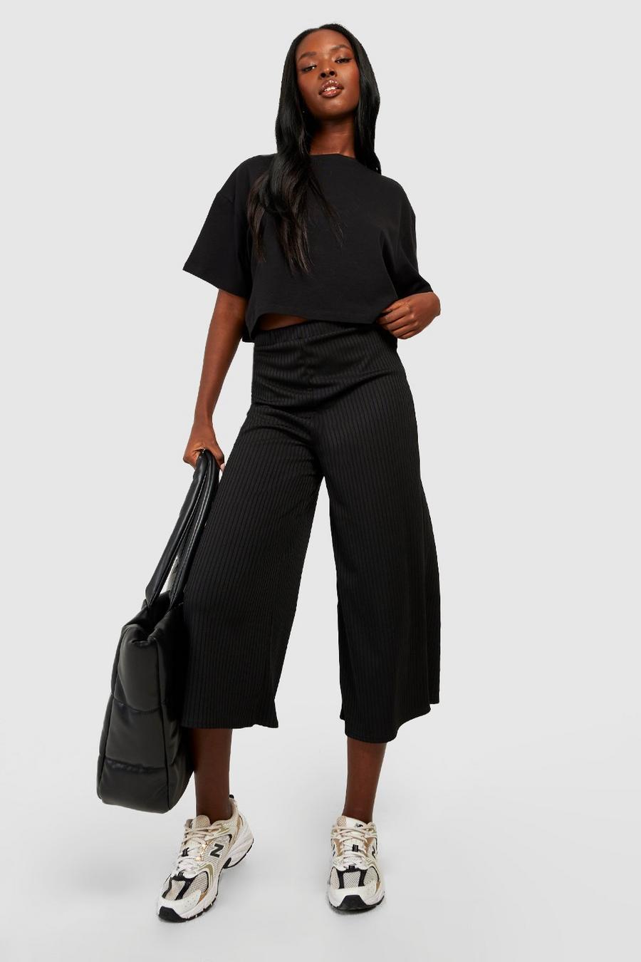Black Soft Rib High Waisted Culotte Trousers image number 1