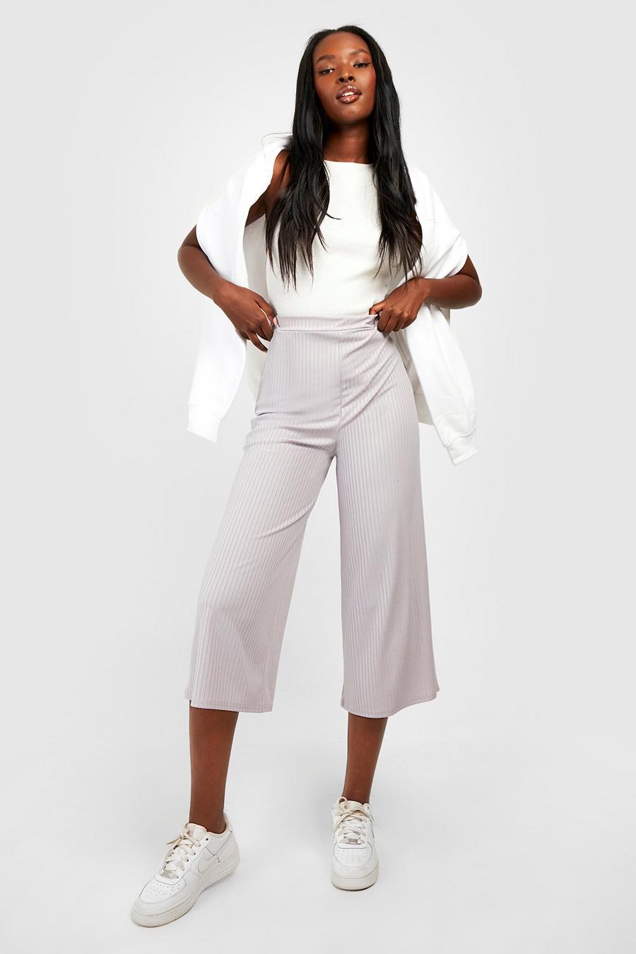 Grey Soft Rib High Waisted Culotte Trousers