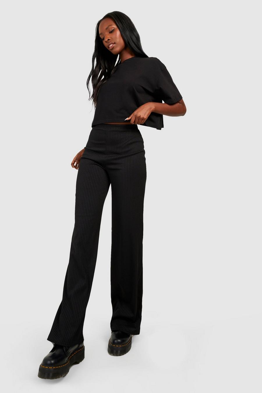 Black Soft Rib High Waisted Wide Leg Trousers image number 1