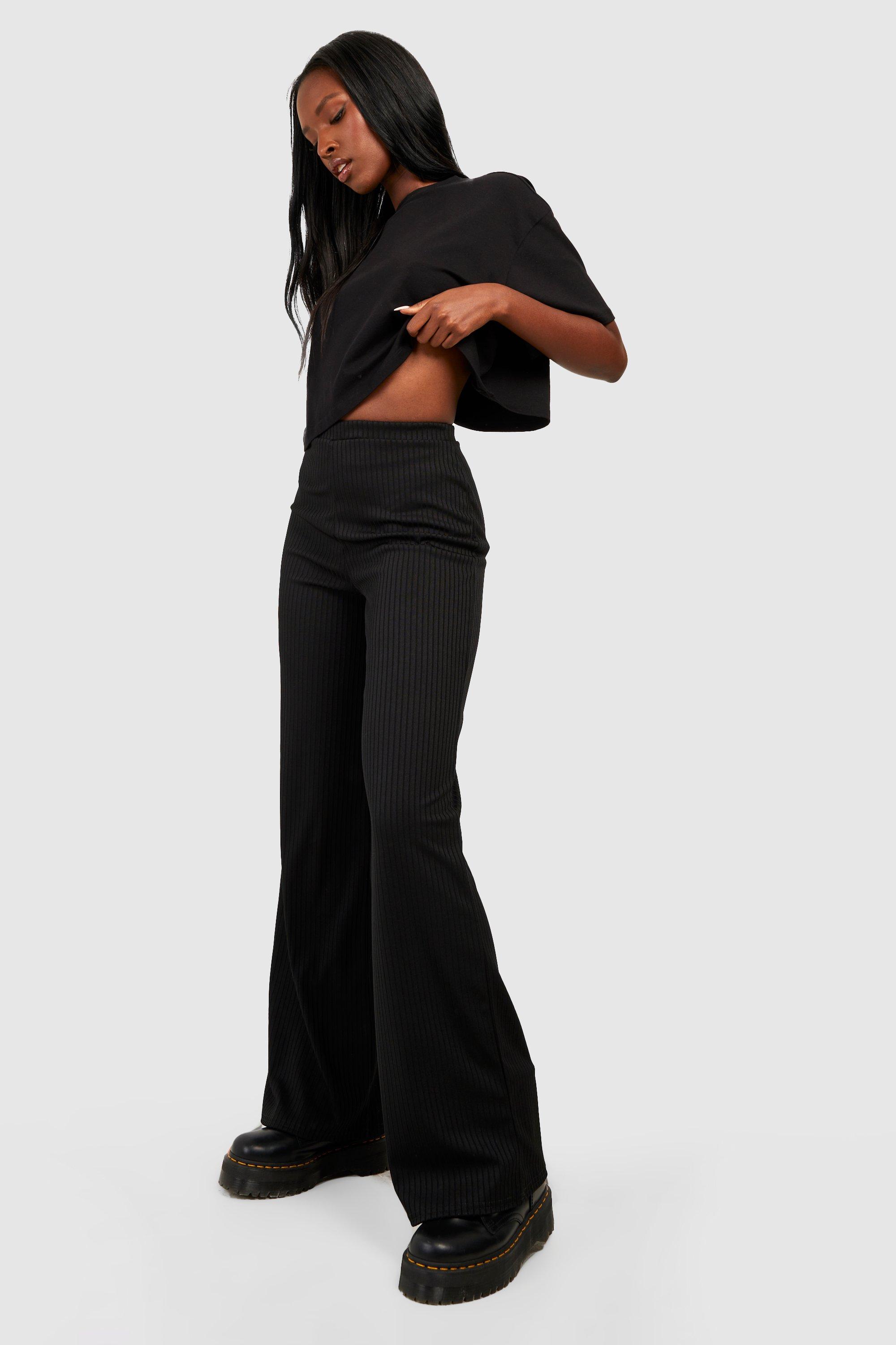 Black High Waisted Rib Wide Leg Pants