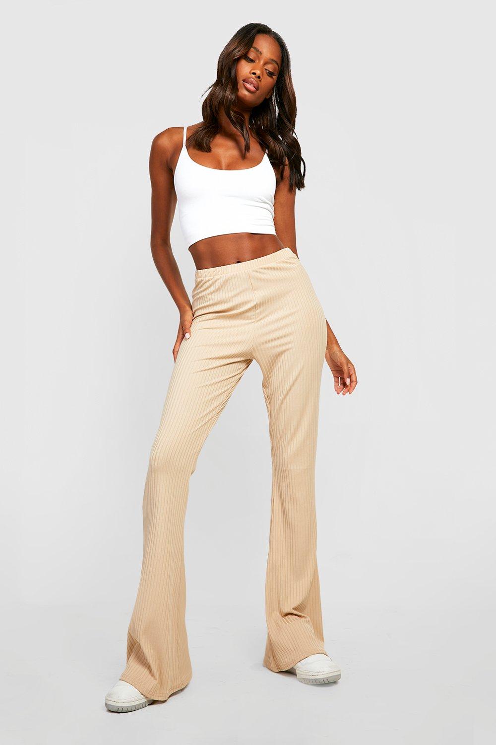 Women's Beige Flare Pants High Rise