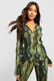 Green Abstract Print Flared Sleeve Plisse Shirt