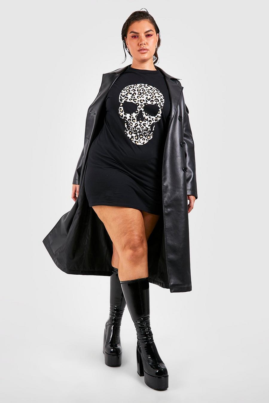 Black svart Plus - Halloween Leopardmönstrad t-shirtklänning med dödskalle
