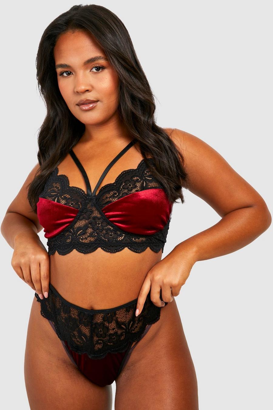 Red Plus Contrast Lace Strapping Lingerie Set image number 1