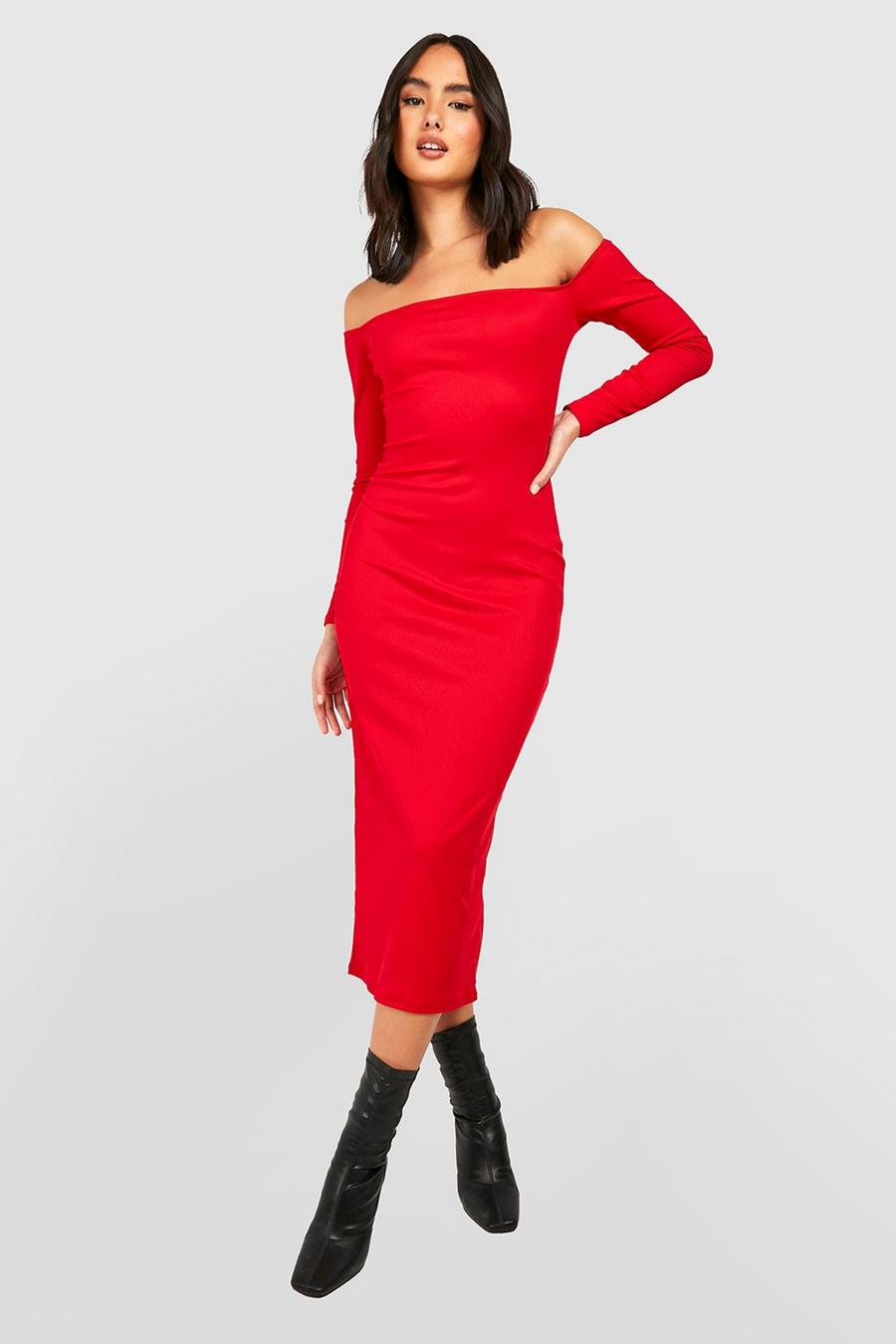 Red Ribbed Off The Shoulder Midi Dress image number 1