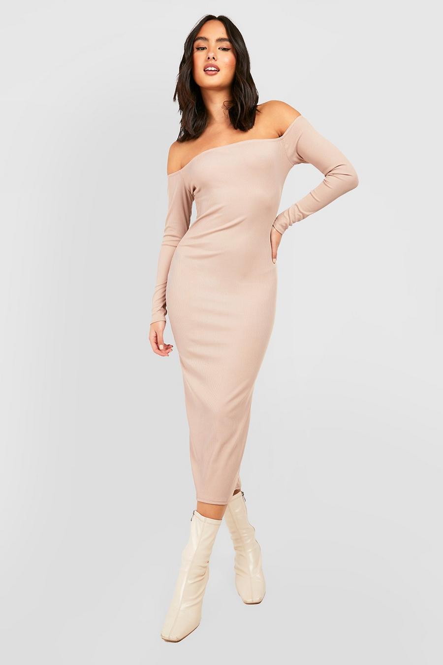 Stone beige Ribbed Off The Shoulder Midaxi Dress