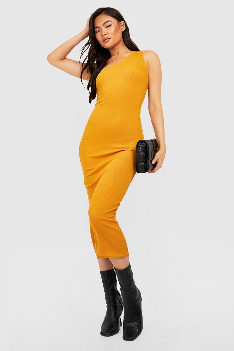 Mustard yellow Ribbed One Shoulder Midi Dress image number 1