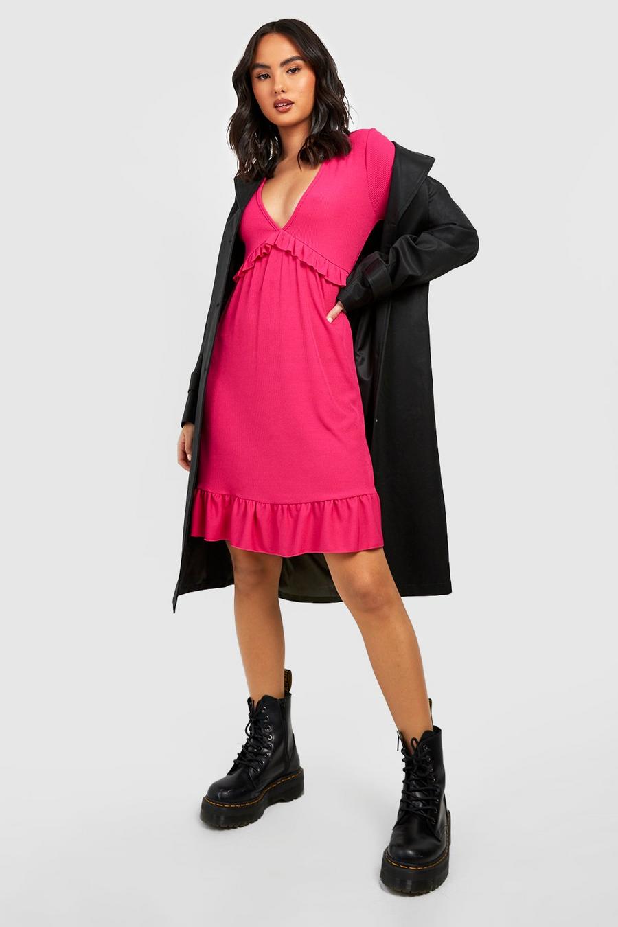Hot pink Ribbad smockklänning med volangdetalj image number 1