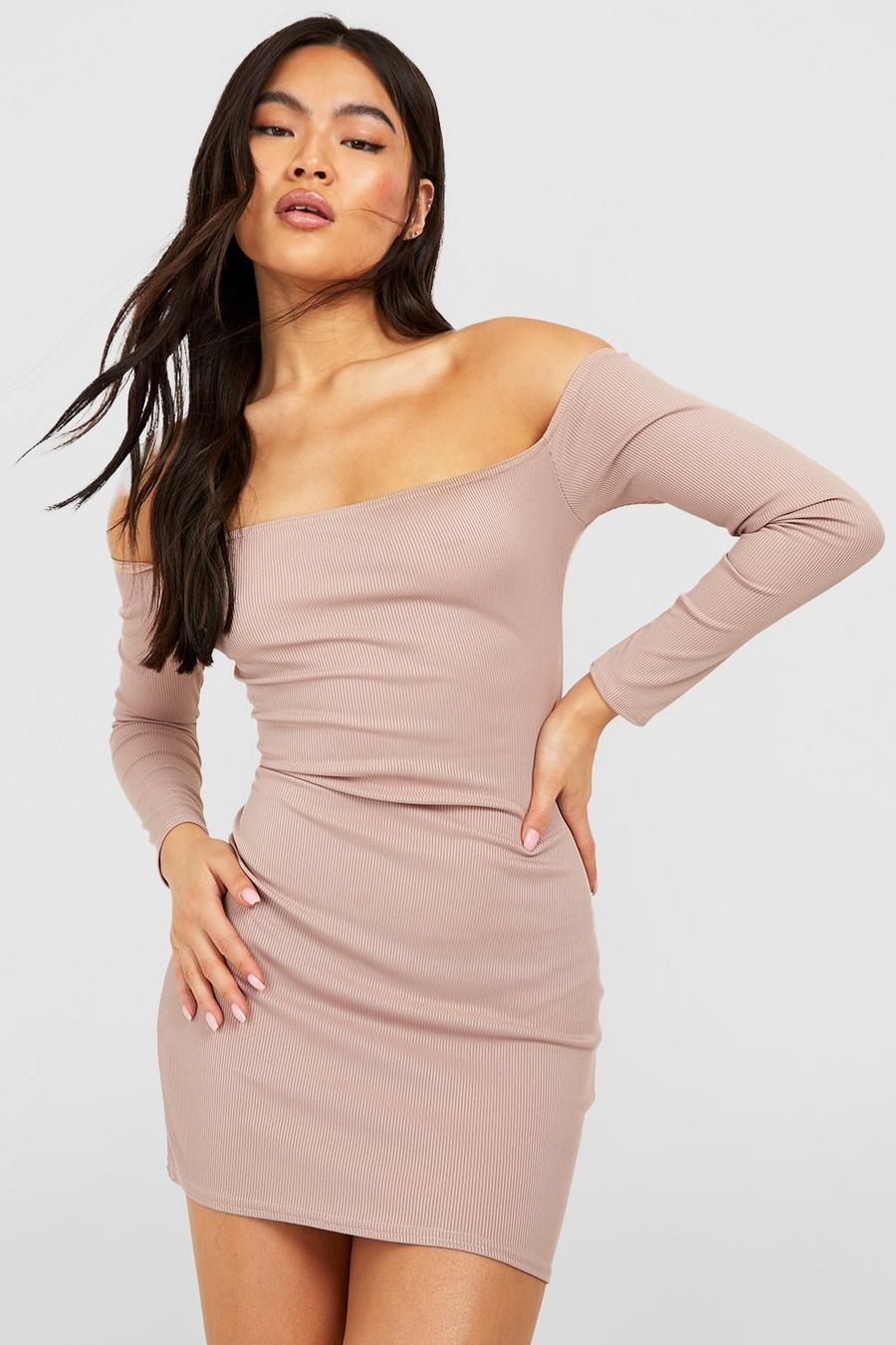 Stone Basic Ribbed Off The Shoulder Long Sleeve Bodycon Dress image number 1