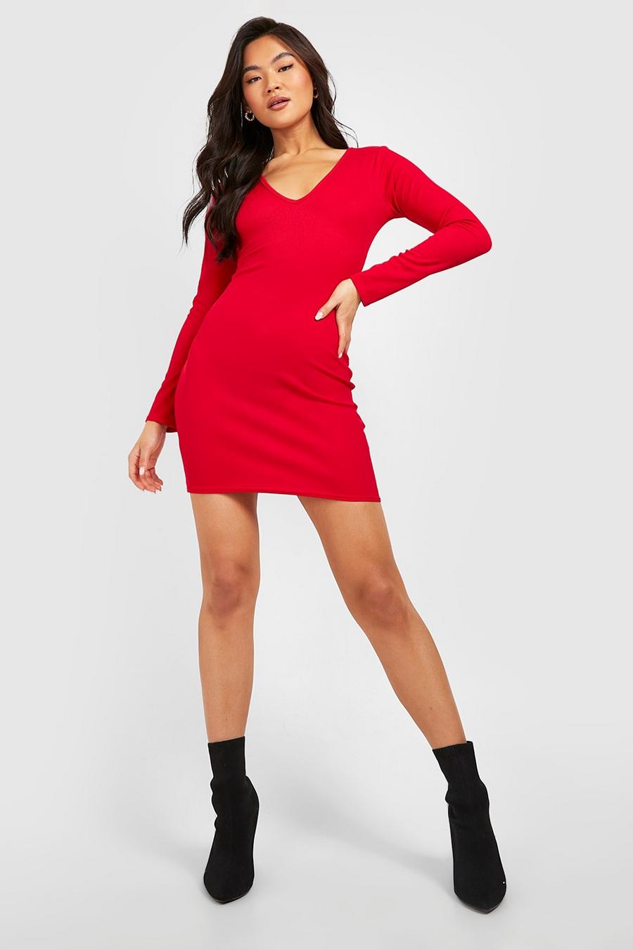 Red Ribbed Plunge Neck Bodycon Dress image number 1