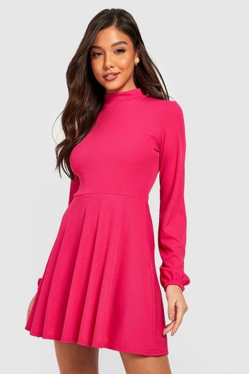 Basic Rib High Neck Skater Dress hot pink