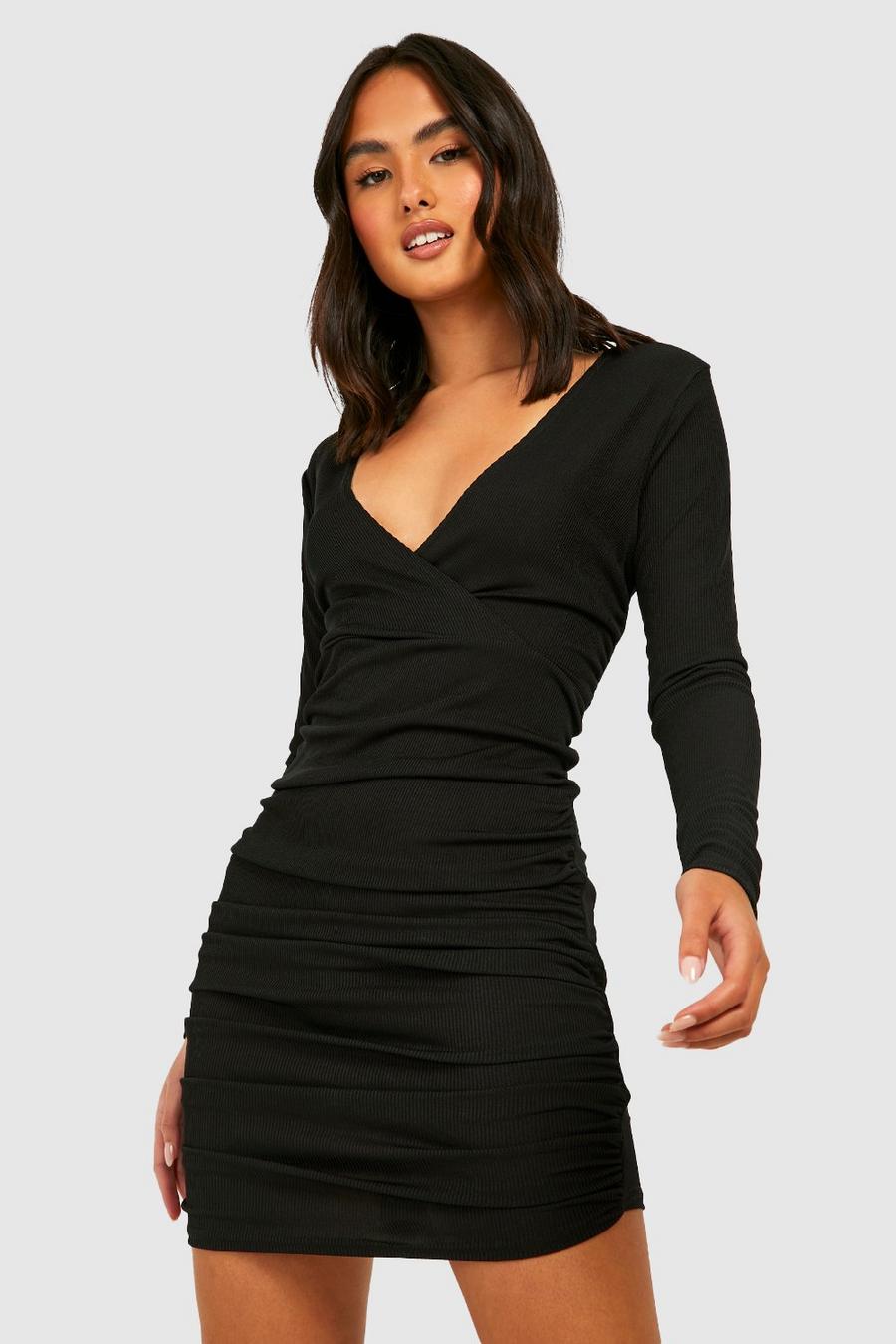 Black Rib Wrap Ruched Mini Dress image number 1