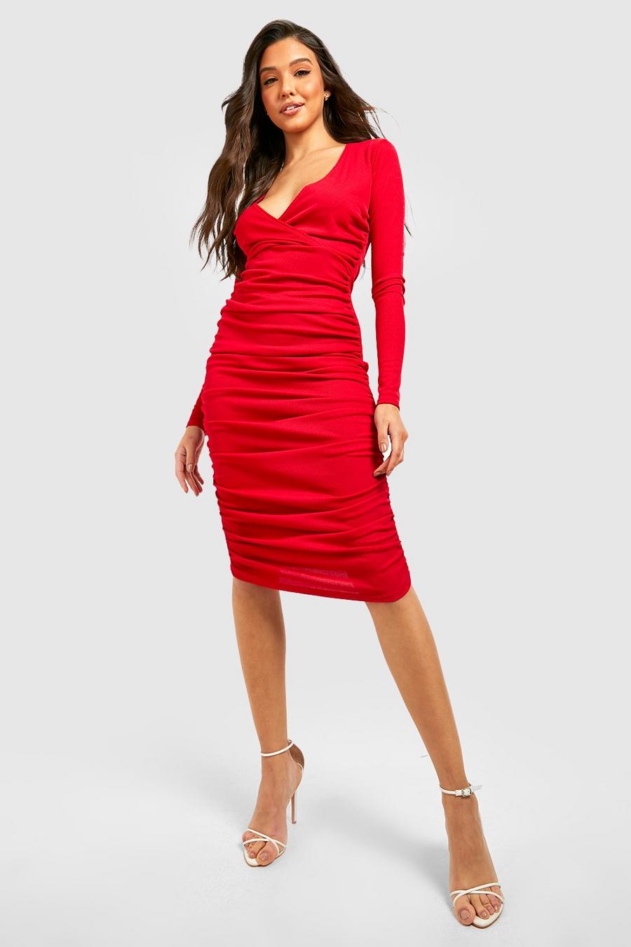 Red Rib Wrap Rouched Midi Dress