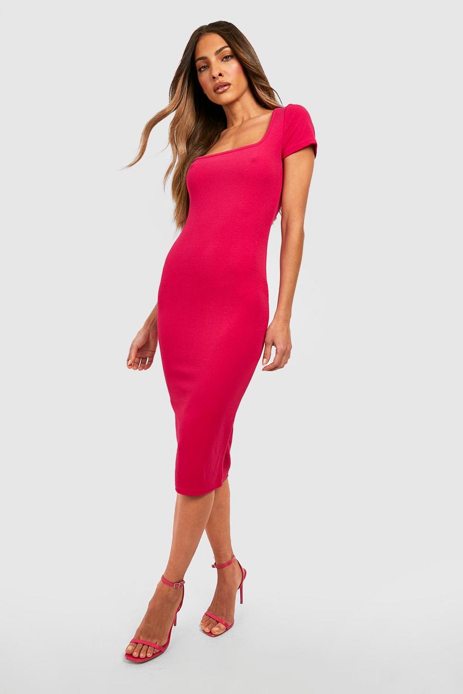 Hot pink rosa Square Neck Short Sleeve Midi Dress image number 1